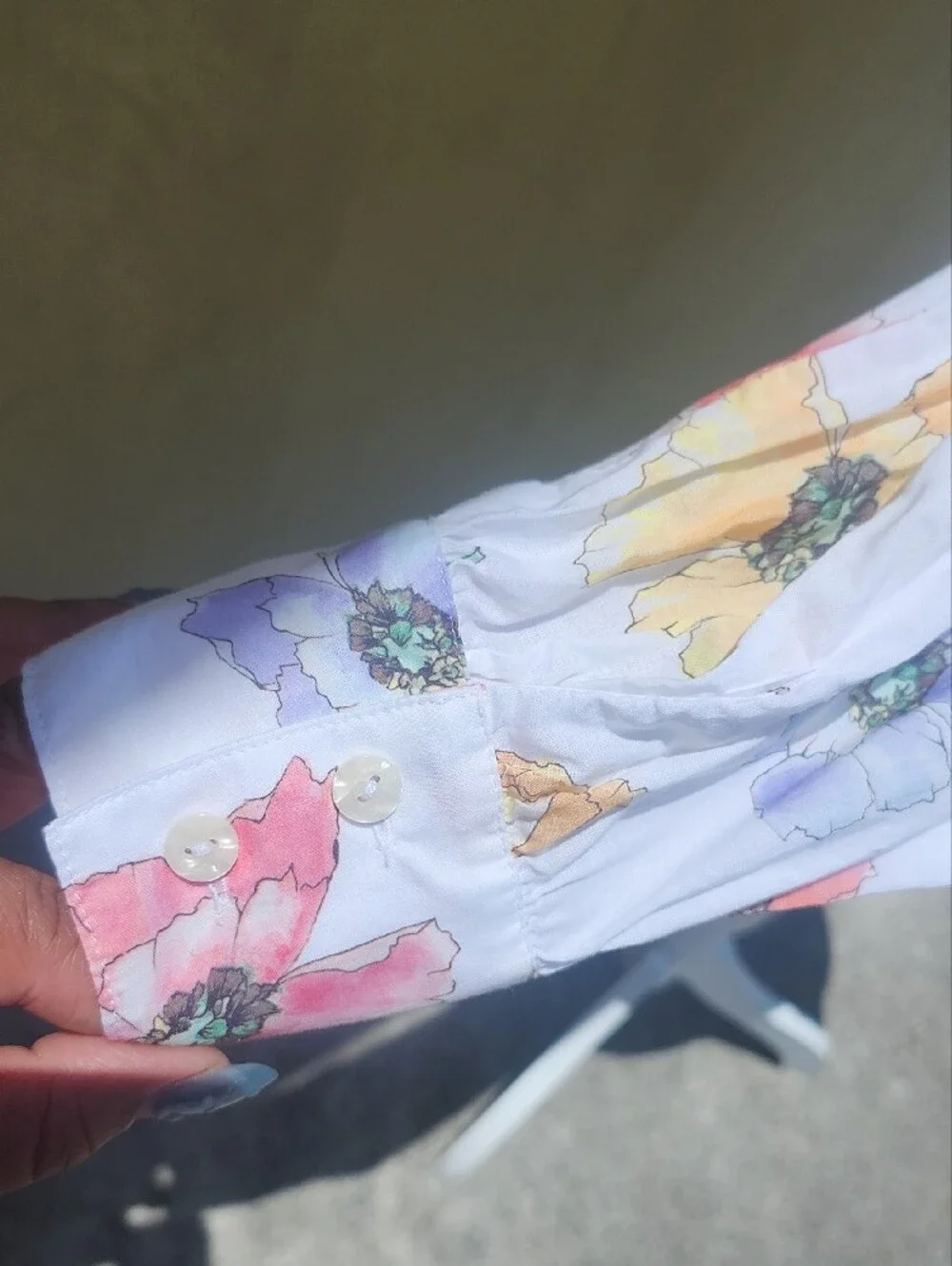 Chico's White Button-Down Shirt with Pink, Yellow & Purple Floral Print